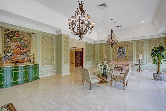 600 Three Islands Blvd Unit 615, Hallandale Beach, FL 33009 - dining area with a chandelier, a decorative wall, recessed lighting, a tray ceiling, and a wainscoted wall