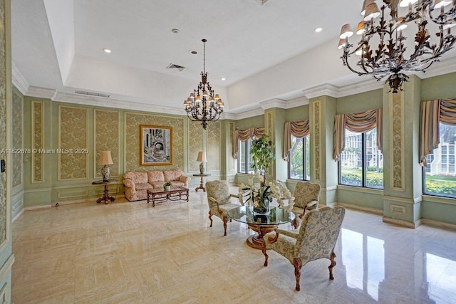 600 Three Islands Blvd Unit 615, Hallandale Beach, FL 33009 - sitting room featuring a chandelier, recessed lighting, and ornamental molding