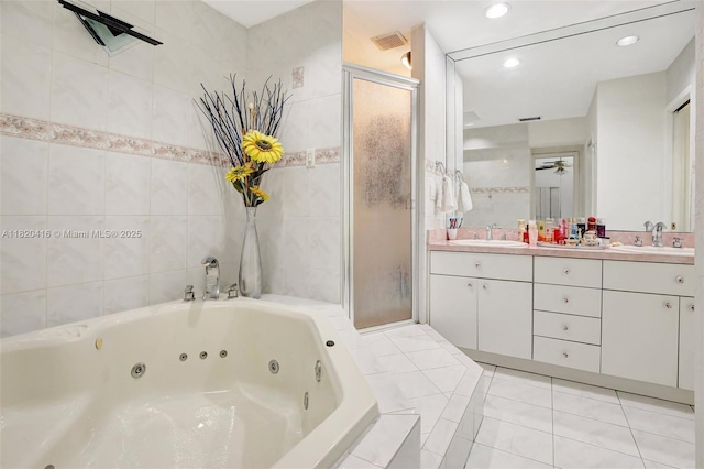 7950 NW 174th Ter, Hialeah, FL 33015 - full bath with a stall shower, double vanity, a tub with jets, tile patterned flooring, and recessed lighting
