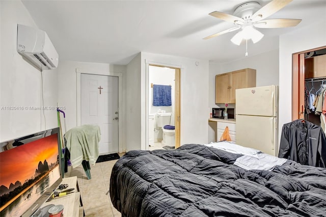 7950 NW 174th Ter, Hialeah, FL 33015 - bedroom with freestanding refrigerator, an AC wall unit, a closet, light tile patterned floors, and ceiling fan