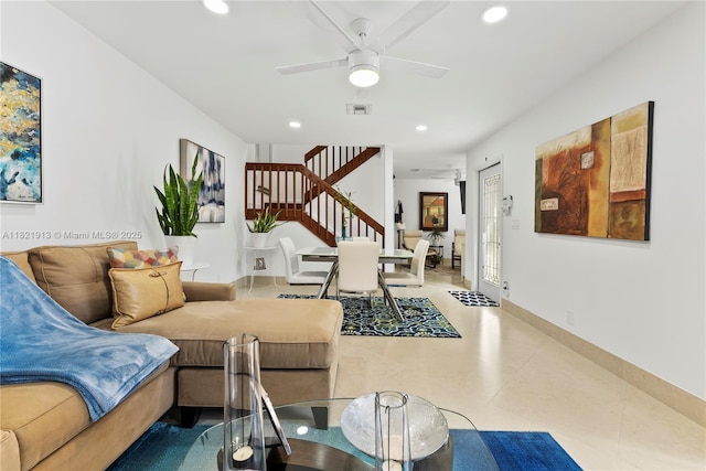 2571 NW 99th Ave, Coral Springs, FL 33065 - living area with stairs, recessed lighting, ceiling fan, and tile patterned floors