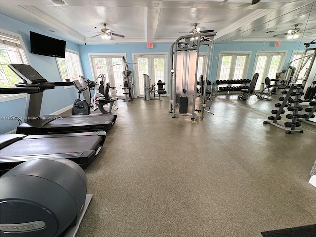 2015 SE 10th Ave Unit 123, Fort Lauderdale, FL 33316 - workout area with ceiling fan, healthy amount of natural light, and ornamental molding