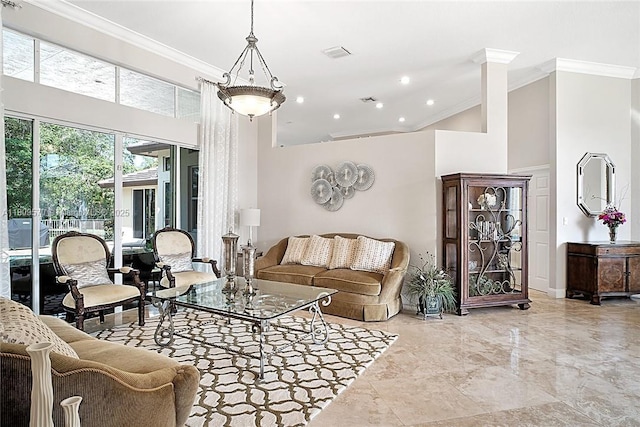 6807 NW 66th Way, Parkland, FL 33067 - living area with crown molding, a towering ceiling, recessed lighting, and marble tiled flooring