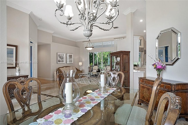 6807 NW 66th Way, Parkland, FL 33067 - dining space featuring a chandelier, crown molding, inlaid floor details, and recessed lighting