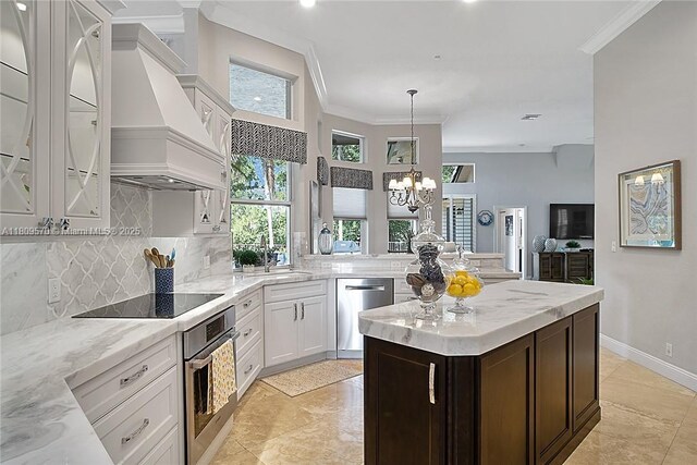 6807 NW 66th Way, Parkland, FL 33067 - kitchen featuring stainless steel appliances, custom exhaust hood, crown molding, backsplash, and white cabinets