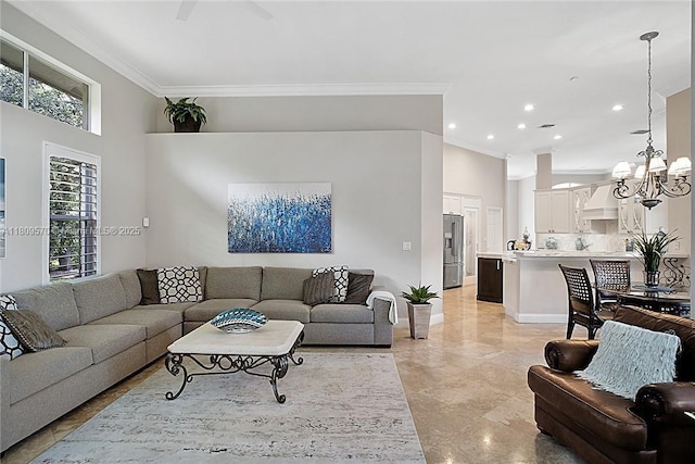 6807 NW 66th Way, Parkland, FL 33067 - living area featuring ornamental molding, a chandelier, recessed lighting, light marble finish flooring, and a towering ceiling