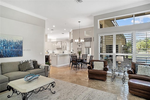 6807 NW 66th Way, Parkland, FL 33067 - living room featuring ornamental molding, a chandelier, recessed lighting, and light marble finish floors