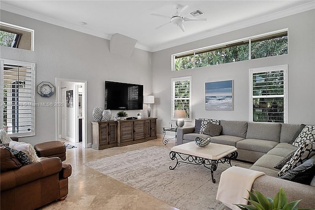 6807 NW 66th Way, Parkland, FL 33067 - living area featuring a towering ceiling, crown molding, and a ceiling fan