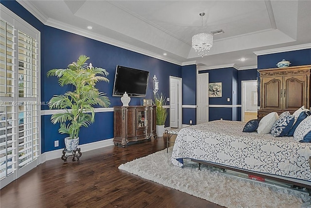6807 NW 66th Way, Parkland, FL 33067 - bedroom featuring a raised ceiling, a chandelier, wood finished floors, and ornamental molding
