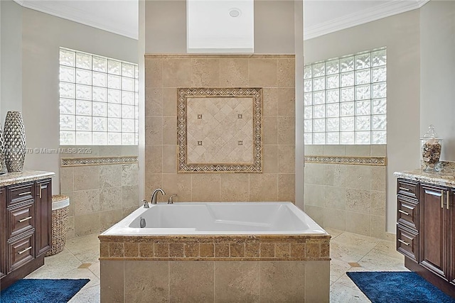 6807 NW 66th Way, Parkland, FL 33067 - full bath featuring vanity, tile walls, crown molding, and a garden tub