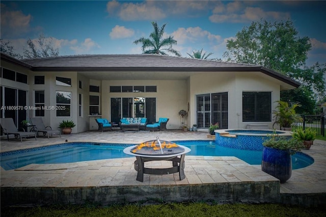 6807 NW 66th Way, Parkland, FL 33067 - swimming pool with an outdoor living space with a fire pit, an in-ground hot tub, and a patio area