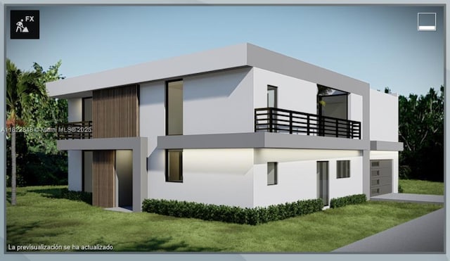 1700 NE 18th St, Fort Lauderdale, FL 33305 - rear view of house featuring a balcony, a yard, an attached garage, and stucco siding