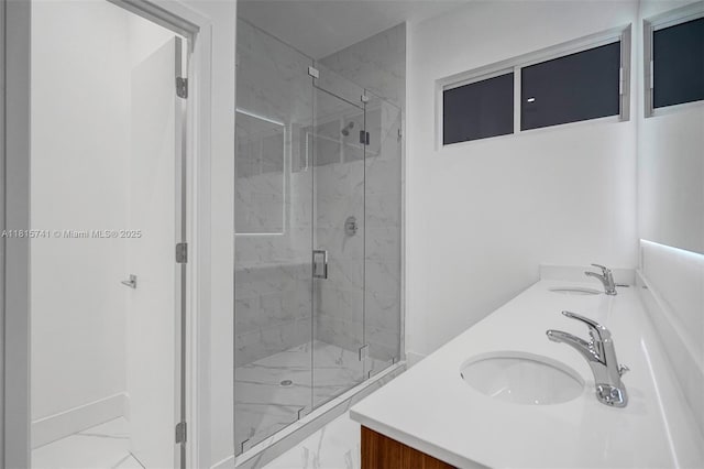 1801 NE 13th St Unit 1823, Fort Lauderdale, FL 33304 - full bathroom with double vanity, marble finish floors, and a marble finish shower