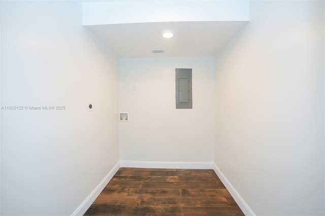 3313 N Ridge Rd, Tallahassee, FL 32305 - laundry area with electric panel, electric dryer hookup, dark wood finished floors, and hookup for a washing machine