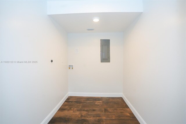 3313 N Ridge Rd, Tallahassee, FL 32305 - laundry room featuring electric panel, electric dryer hookup, dark wood-style floors, and hookup for a washing machine