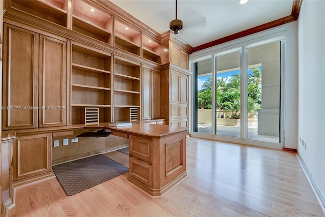 13611 Deering Bay Dr Unit 101, Coral Gables, FL 33158 - unfurnished office featuring built in study area, crown molding, light wood-style flooring, built in shelves, and recessed lighting