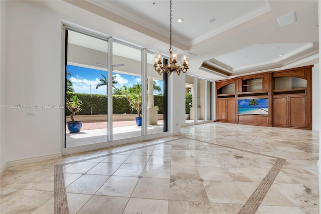 13611 Deering Bay Dr Unit 101, Coral Gables, FL 33158 - empty room featuring inlaid floor details, a chandelier, crown molding, a tray ceiling, and recessed lighting
