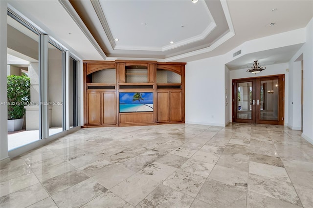 13611 Deering Bay Dr Unit 101, Coral Gables, FL 33158 - spare room featuring french doors, a raised ceiling, and crown molding