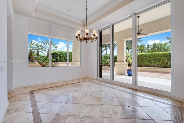 13611 Deering Bay Dr Unit 101, Coral Gables, FL 33158 - spare room with inlaid floor details, a chandelier, and ornamental molding