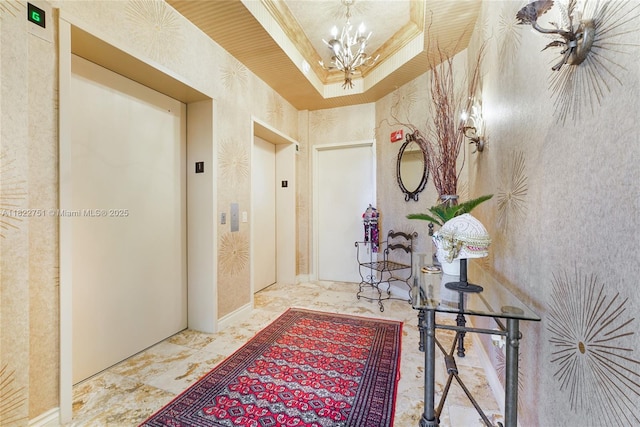 13611 Deering Bay Dr Unit 101, Coral Gables, FL 33158 - corridor featuring elevator and a chandelier