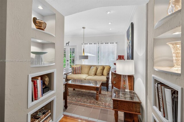 4187 S Le Jeune Rd, Miami, FL 33133 - living area featuring crown molding, french doors, and recessed lighting