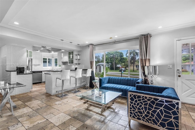 170 NW 105th St, Miami Shores, FL 33150 - living room featuring stone tile flooring, recessed lighting, and a ceiling fan
