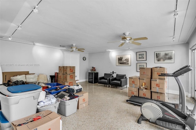 170 NW 105th St, Miami Shores, FL 33150 - workout room featuring ceiling fan, rail lighting, and crown molding