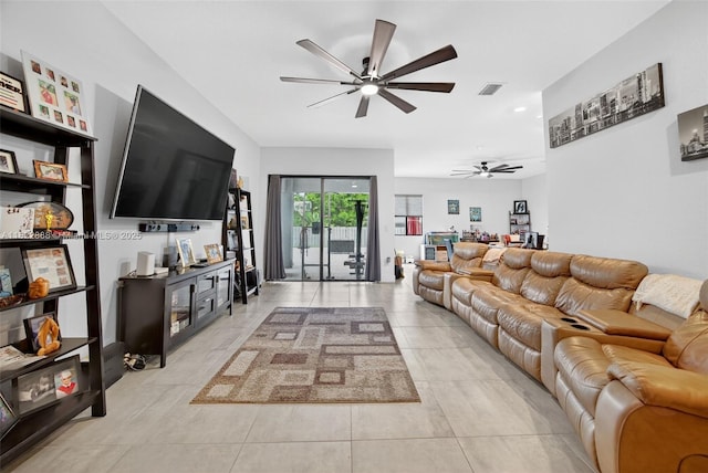 32106 SW 199th Pl, Homestead, FL 33030 - living room with a ceiling fan, light tile patterned flooring, and recessed lighting