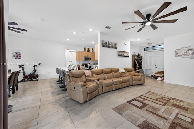 32106 SW 199th Pl, Homestead, FL 33030 - living room featuring ceiling fan, light tile patterned floors, and recessed lighting