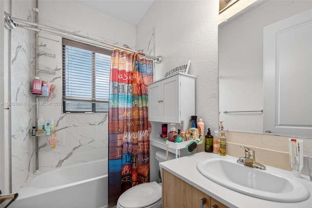 32106 SW 199th Pl, Homestead, FL 33030 - bathroom featuring vanity, shower / bathtub combination with curtain, and a textured wall