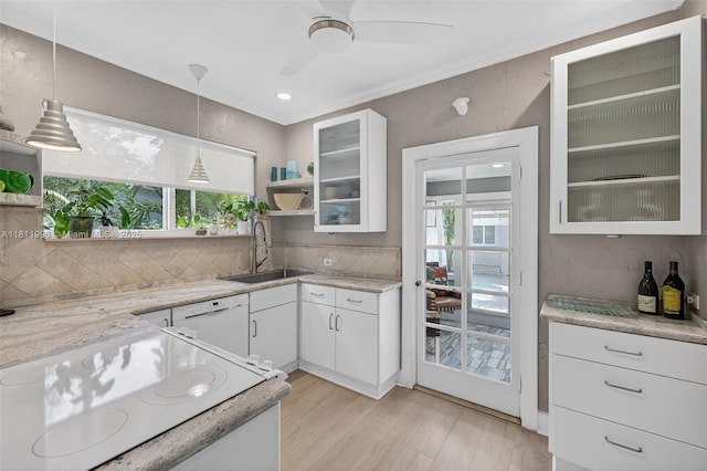 1314 SE 1st Ave, Fort Lauderdale, FL 33316 - kitchen with open shelves, white cabinets, ceiling fan, backsplash, and ornamental molding
