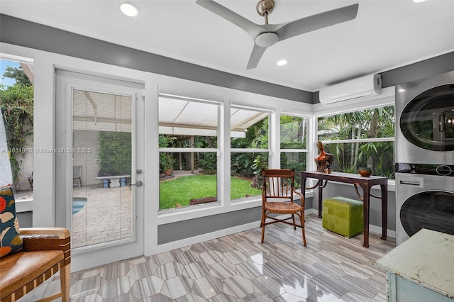 1314 SE 1st Ave, Fort Lauderdale, FL 33316 - sunroom with stacked washer and clothes dryer, an AC wall unit, and a ceiling fan