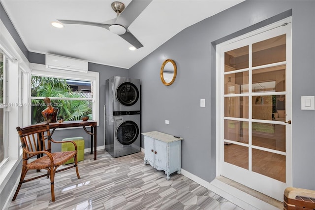 1314 SE 1st Ave, Fort Lauderdale, FL 33316 - washroom featuring estacked washer and dryer, a wall mounted air conditioner, and ceiling fan