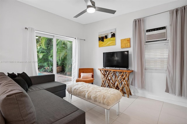 1314 SE 1st Ave, Fort Lauderdale, FL 33316 - living area with light tile patterned floors, ceiling fan, and a wall unit AC