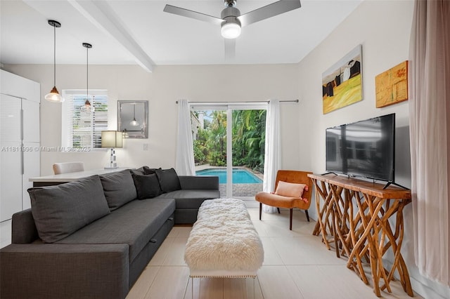1314 SE 1st Ave, Fort Lauderdale, FL 33316 - living room with plenty of natural light, a ceiling fan, and beam ceiling
