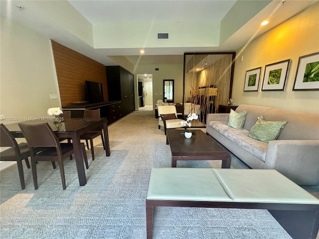 5300 NW 87th Ave Unit 1507, Doral, FL 33178 - living room featuring light carpet, recessed lighting, and a raised ceiling
