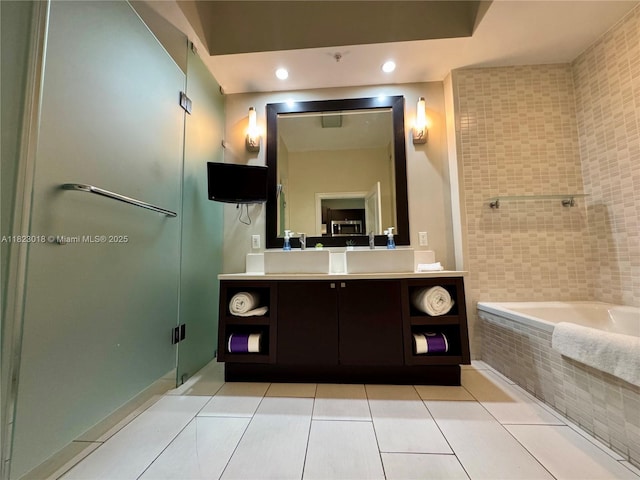 5300 NW 87th Ave Unit 1507, Doral, FL 33178 - full bath with vanity, a bath, tile patterned floors, a shower stall, and recessed lighting