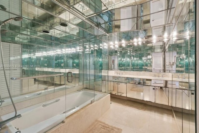 6423 Collins Ave Unit 1605, Miami Beach, FL 33141 - full bath featuring double vanity, tile patterned flooring, and enclosed tub / shower combo