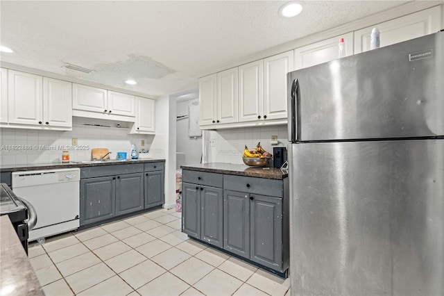 17845 SW 112th Ct, Miami, FL 33157 - kitchen with freestanding refrigerator, gray cabinets, white cabinetry, dishwasher, and light tile patterned floors
