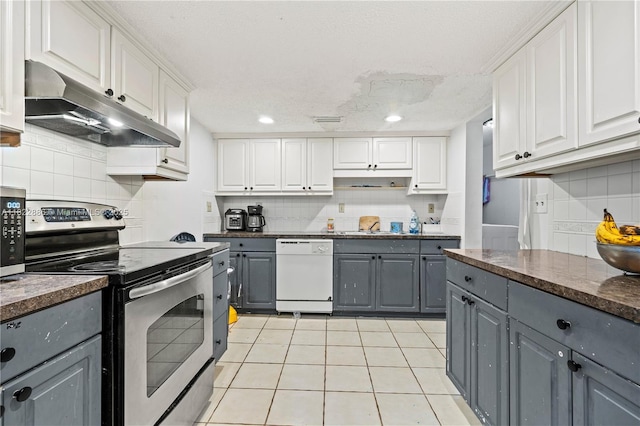 17845 SW 112th Ct, Miami, FL 33157 - kitchen with gray cabinets, stainless steel electric stove, white dishwasher, under cabinet range hood, and white cabinetry