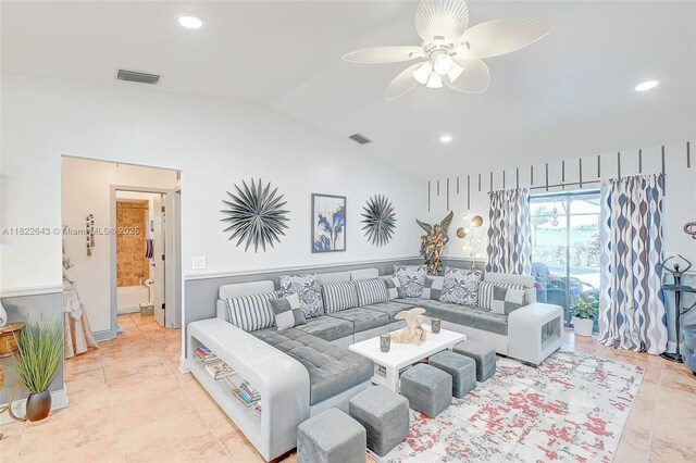 30 Bunker Ln Fl, Grove City-Rotonda, FL 33947 - living room featuring lofted ceiling, a ceiling fan, and recessed lighting