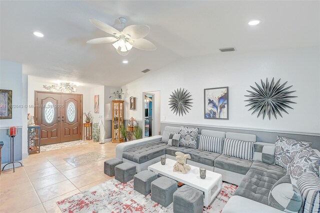 30 Bunker Ln Fl, Grove City-Rotonda, FL 33947 - living room featuring vaulted ceiling, light tile patterned floors, ceiling fan, and recessed lighting