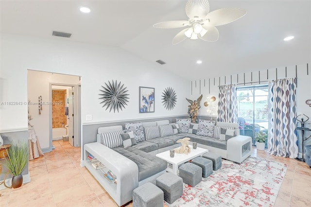30 Bunker Ln Fl, Grove City-Rotonda, FL 33947 - living room featuring lofted ceiling, a ceiling fan, and recessed lighting