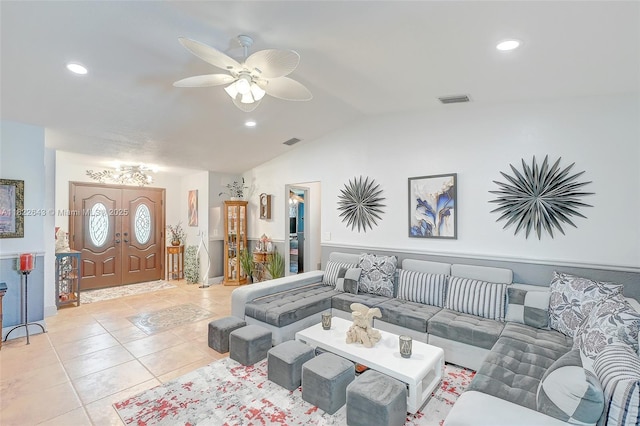 30 Bunker Ln Fl, Grove City-Rotonda, FL 33947 - living room featuring vaulted ceiling, light tile patterned floors, ceiling fan, and recessed lighting