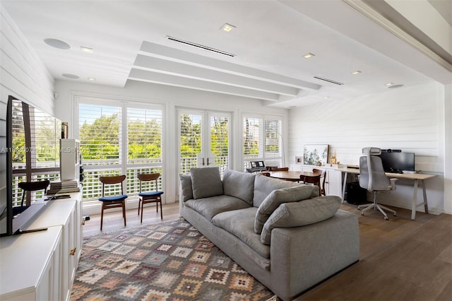 220 Cypress Dr, Key Biscayne, FL 33149 - living room featuring an office area, wood finished floors, plenty of natural light, french doors, and beam ceiling