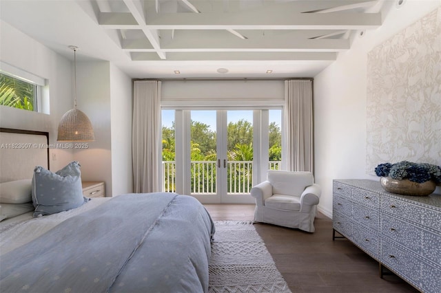 220 Cypress Dr, Key Biscayne, FL 33149 - bedroom featuring access to exterior, wood finished floors, beam ceiling, and french doors
