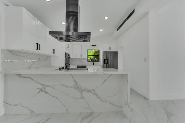 2413 Gulfstream Ln, Fort Lauderdale, FL 33312 - kitchen featuring wall chimney range hood, stainless steel fridge with ice dispenser, recessed lighting, a peninsula, and light marble finish flooring