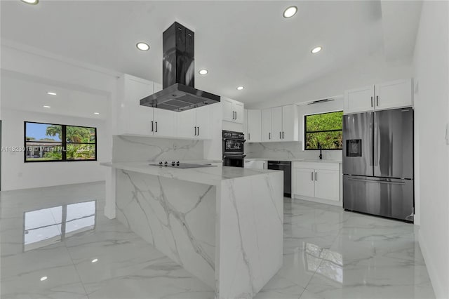 2413 Gulfstream Ln, Fort Lauderdale, FL 33312 - kitchen with black appliances, island range hood, light marble finish floors, light stone counters, and recessed lighting