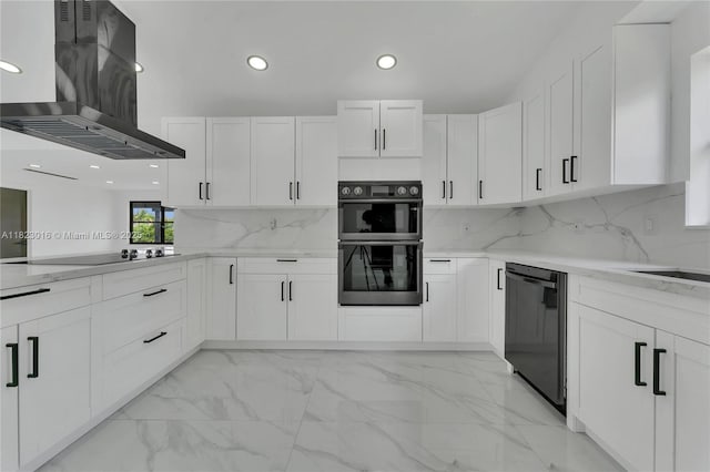 2413 Gulfstream Ln, Fort Lauderdale, FL 33312 - kitchen featuring extractor fan, black appliances, white cabinets, recessed lighting, and light marble finish flooring