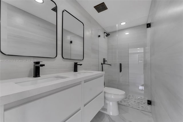 2413 Gulfstream Ln, Fort Lauderdale, FL 33312 - bathroom with recessed lighting, a stall shower, marble look tiles, and double vanity